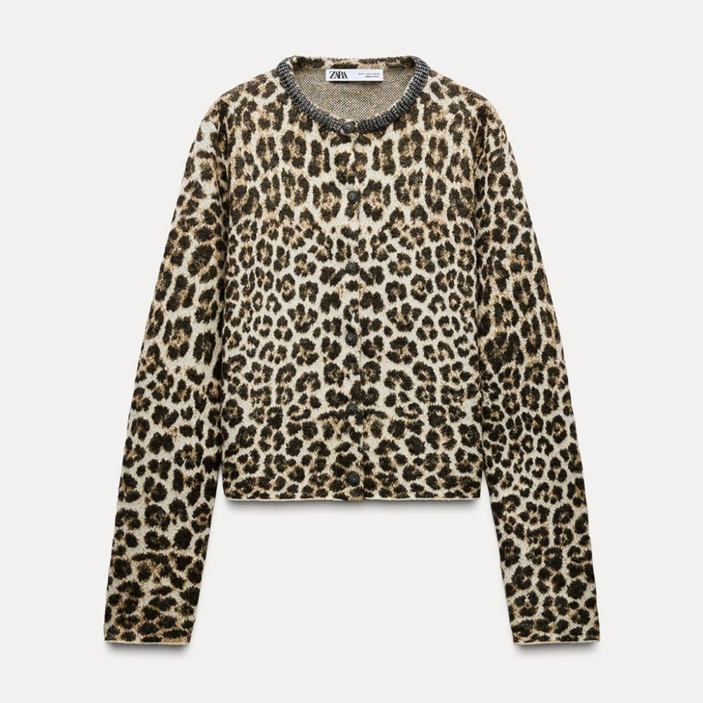 Zara ANIMAL PRINT JEWELED NECKLINE CARDIGAN
